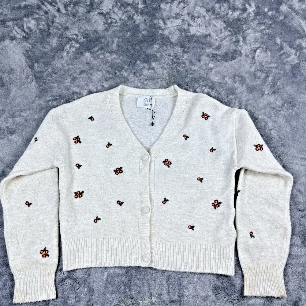 Zara Girls Cream Floral‎ Embroidered Cardigan 13 14 Cropped V Neck Knit